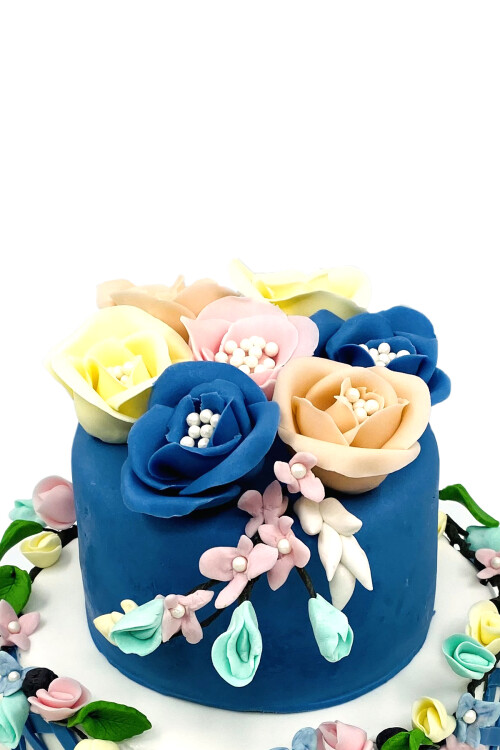 Mavi Baklava Desenli Nişan Pastası